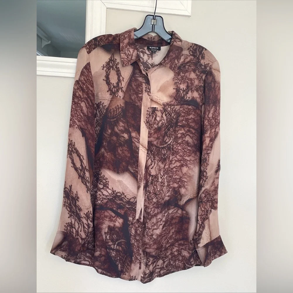 Worth Women’s 100% Silk Brown And Taupe Lace Patterned Button Down Blouse Size S